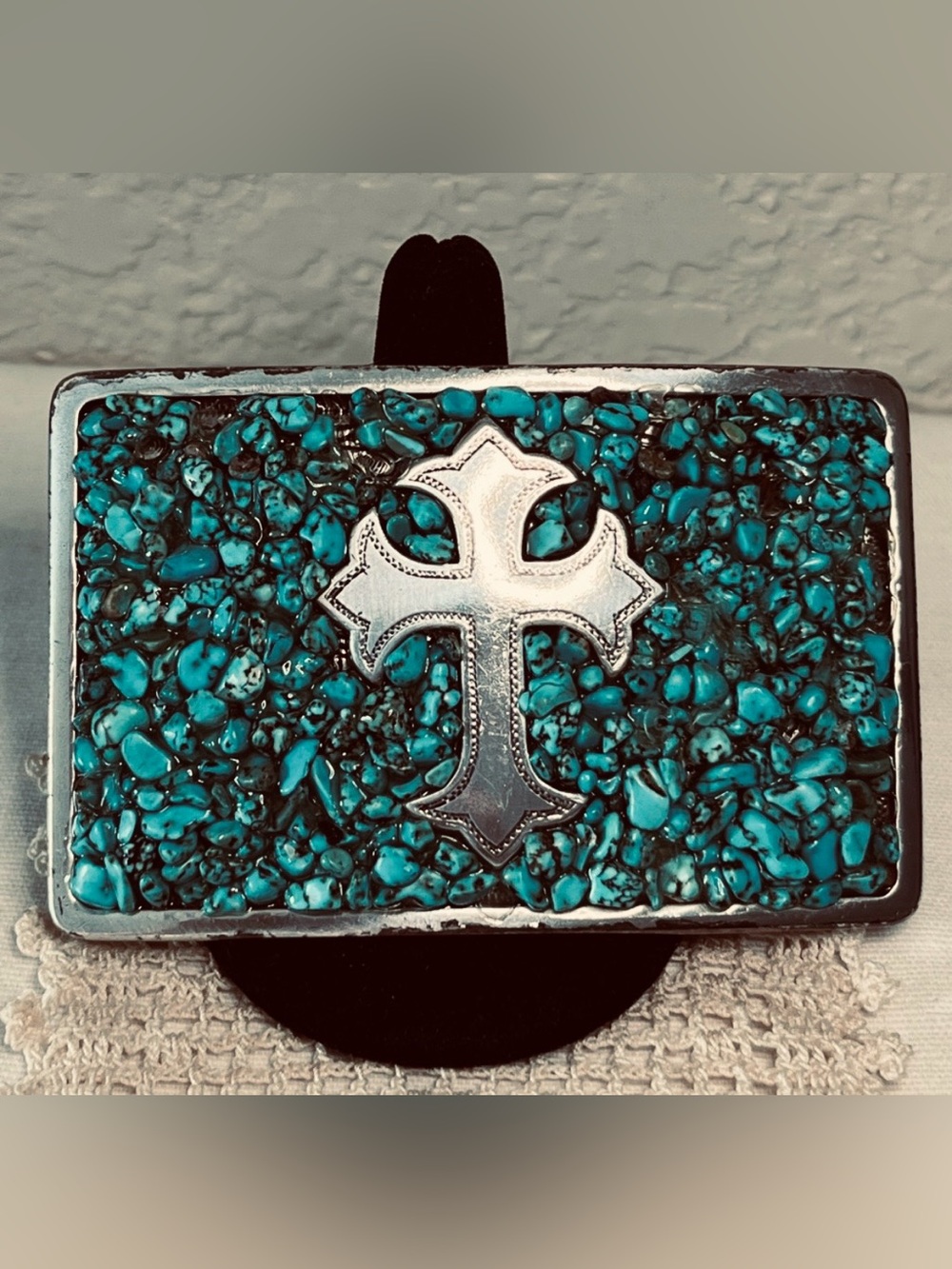 Vintage Zocai Turquoise Chip Mosaic Cross Western Belt Buckle Silver Tone